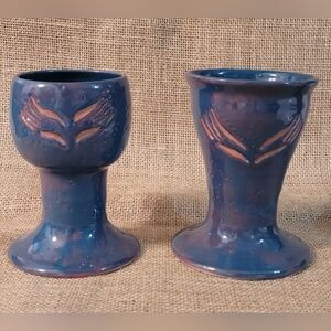 Art Pottery Vase Set Of 2 Blue Glazed Terracotta‎ ~ Great Gift Idea